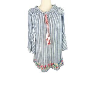 South Main Peasant Blouse/Dress Gauze Blue White Stripe Floral Embroidery Size S